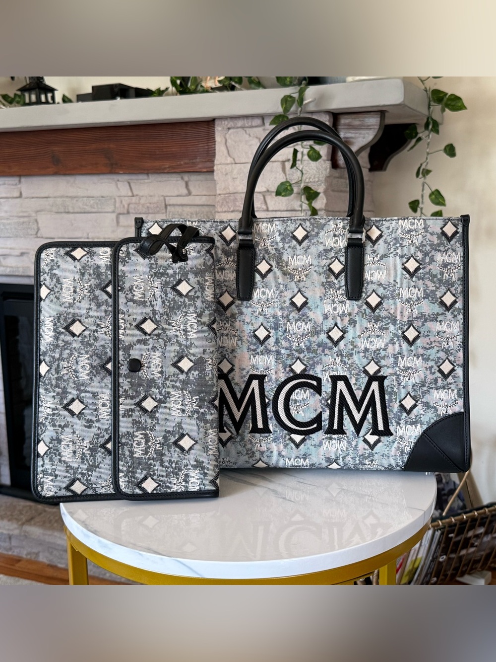 MCM Large Logo Monogram Tote in Gray and Black